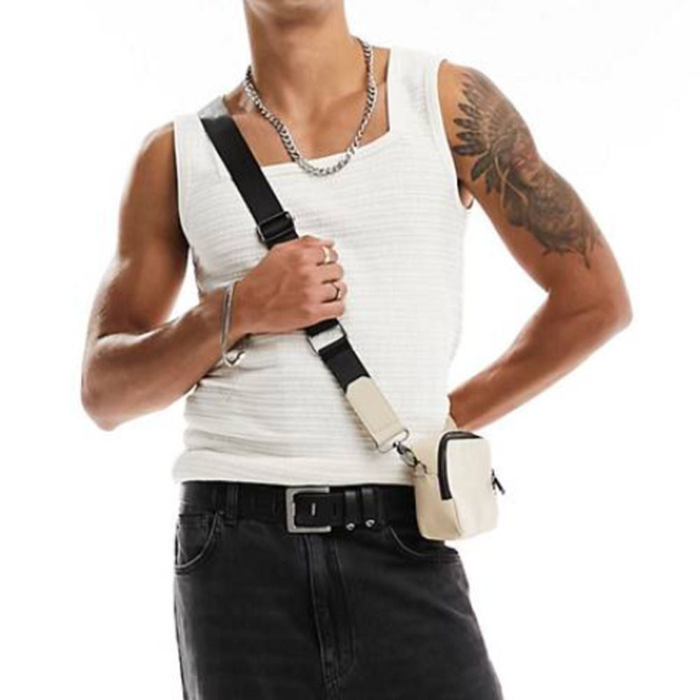 ASOS Design Muscle Fit Square Neck Vest in Light Beige, Size S​